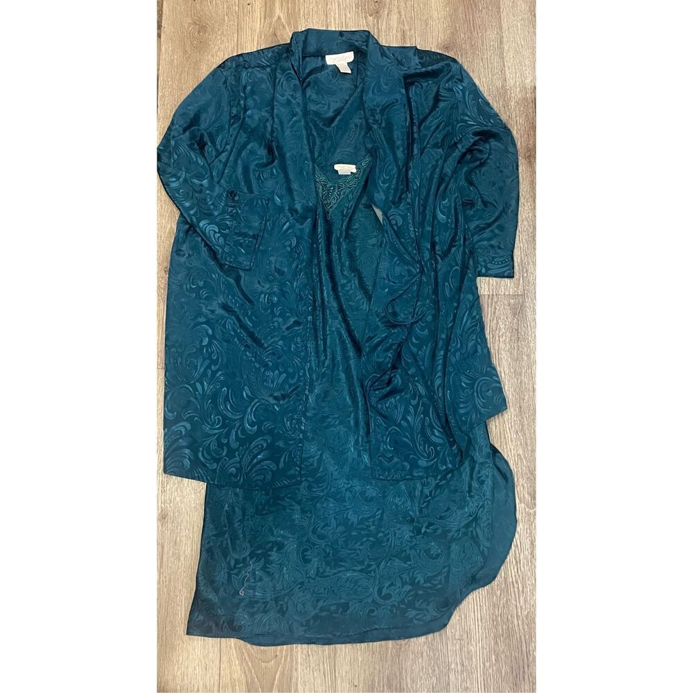 Cachet Vintage Shiny Emerald Nightgown and Robe Set Large No Belt